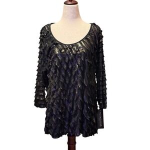 2X NOTATIONS Woman Black Gilded Onyx Textured Ruffle 3/4 Sleeve Top Plus Size 2X